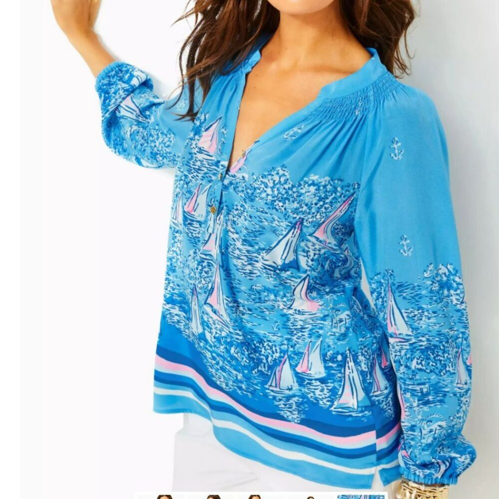 Lilly Pulitzer Elsa Silk Top Blouse in Lunar Blue A Lil Nauti